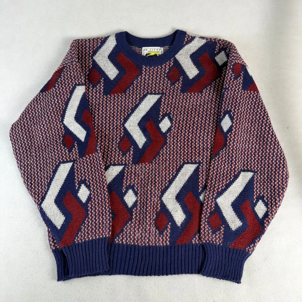Vintage Le Tigre Mens Medium Geometric Abstract Knit Sweater USA Made Blue Red